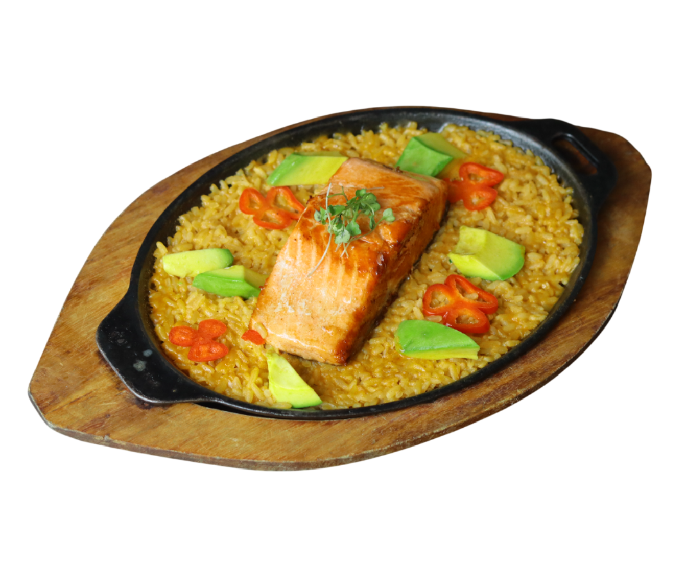 Socarrat de Salmón sobre arroz cremoso